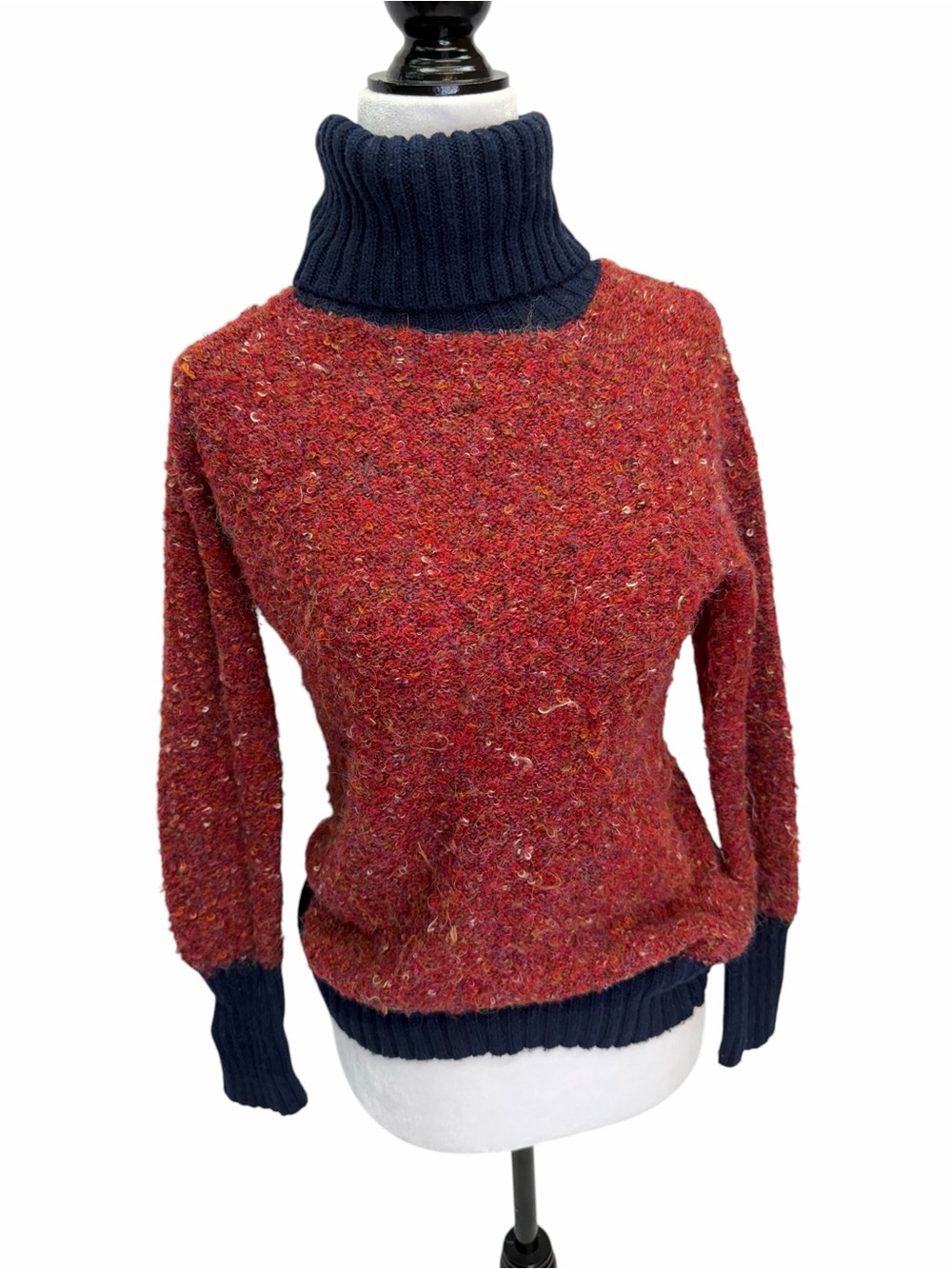 Cynthia Rowley Turtleneck Bouclé Sweater in Red with Navy Trim Size S